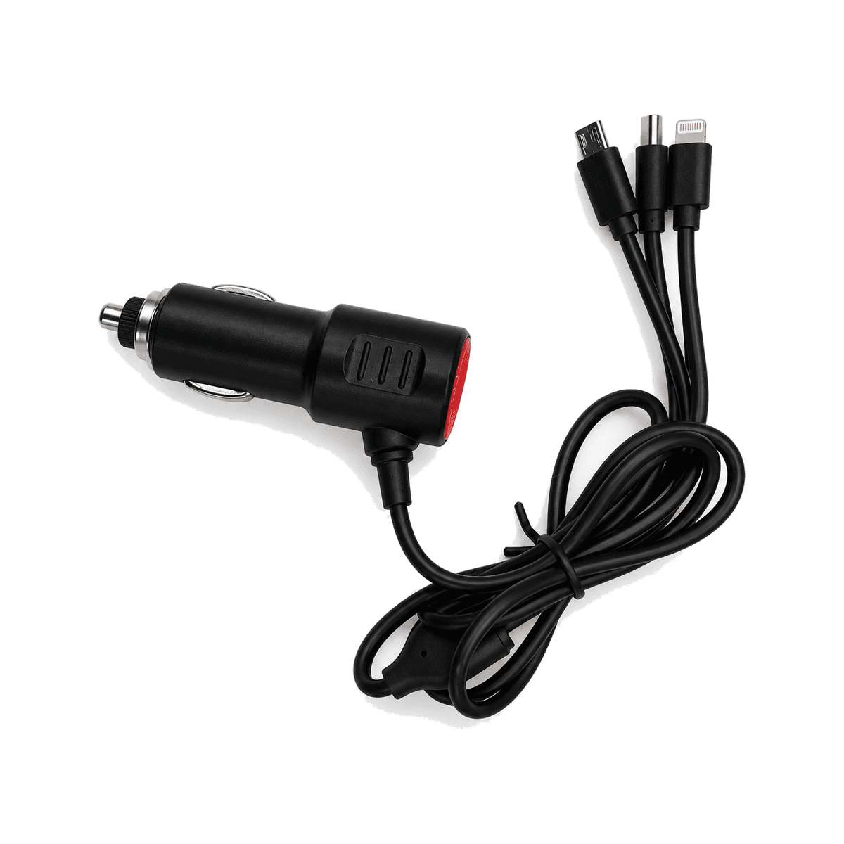 HANDOFF-48|CARGAUR3N1|01|17337762e0ab|Cargador para Auto 3 en 1 con Lightning, USB-C y Micro-USB - Única - Producto sobre fondo blanco