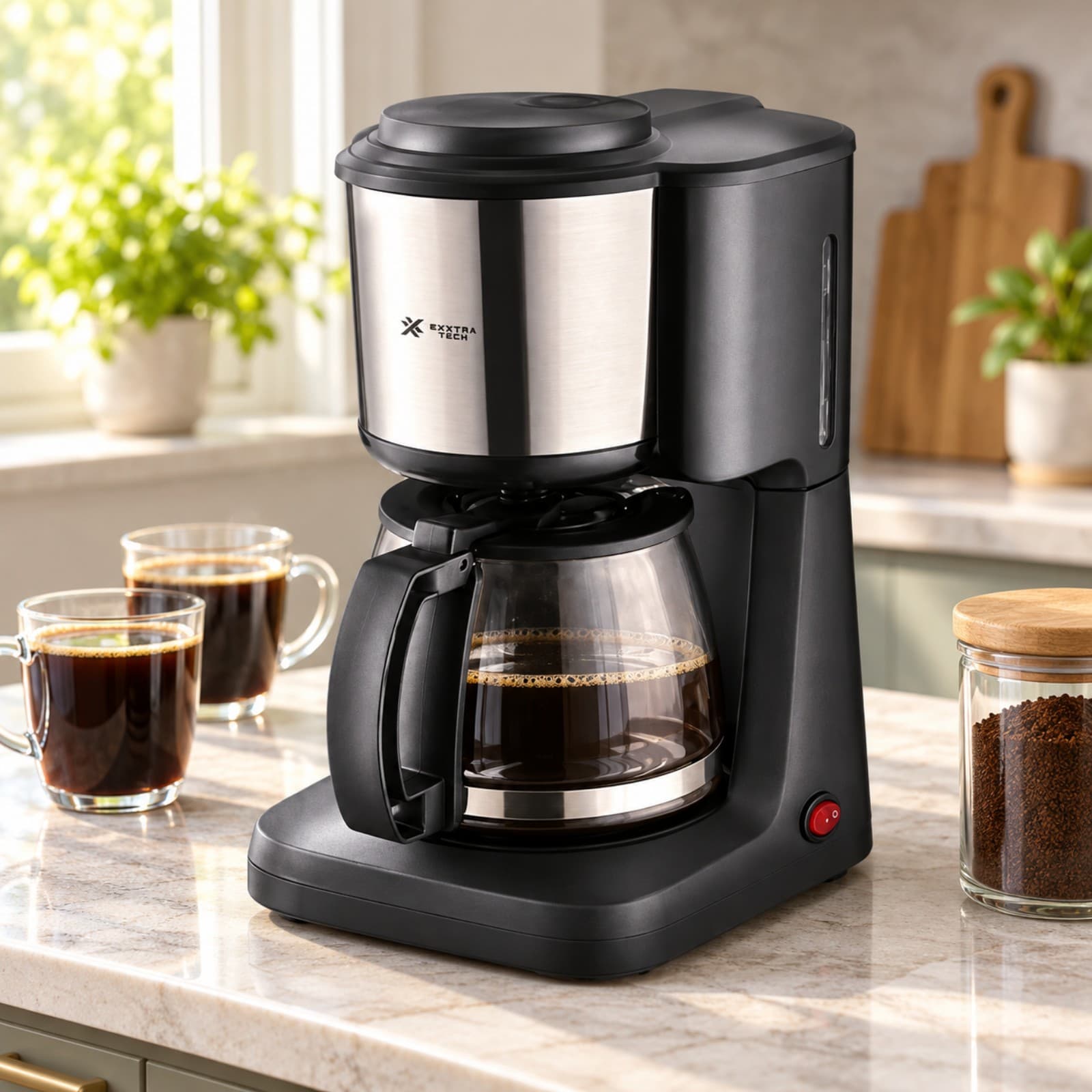 Cafetera de filtro Exxtra Tech CA-800 sobre la mesada de una cocina, con tazas de café y un frasco de café molido (imagen ilustrativa) — miniatura 7