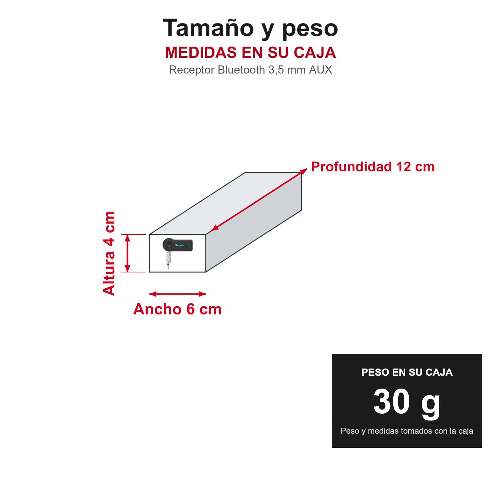 Medidas y peso del receptor Bluetooth 3,5 mm AUX en su caja: 12 × 6 × 4 cm, 30 g, RECEPBTAUX — miniatura 3