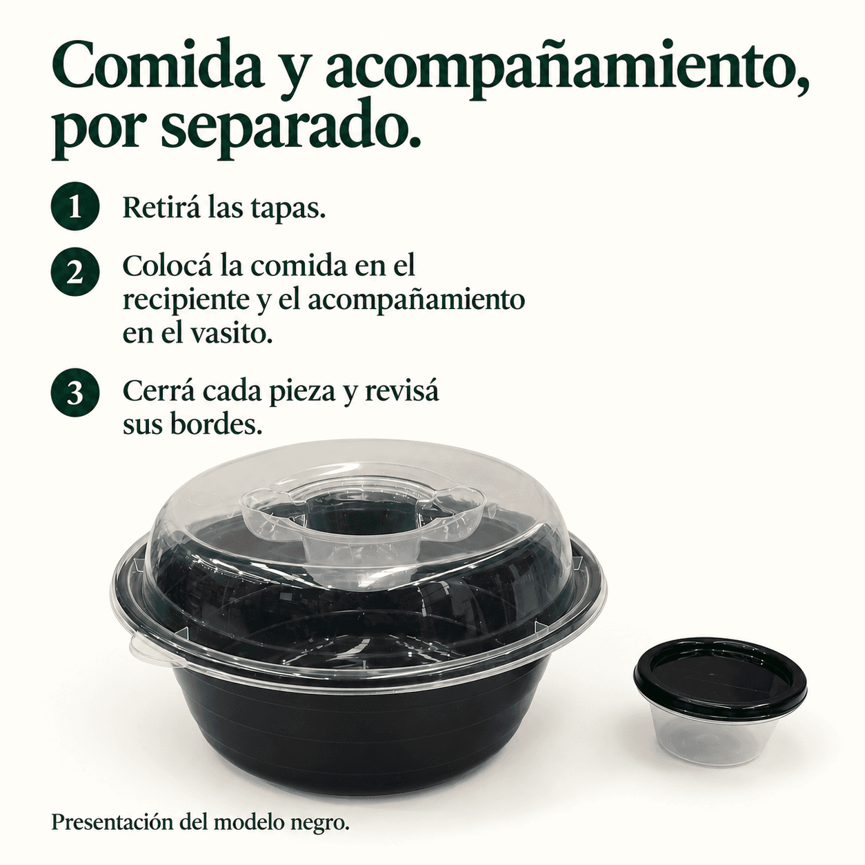 Guía del recipiente Oryx negro y su vasito: separar la comida y el acompañamiento, tapar y revisar bordes |UT-00020|