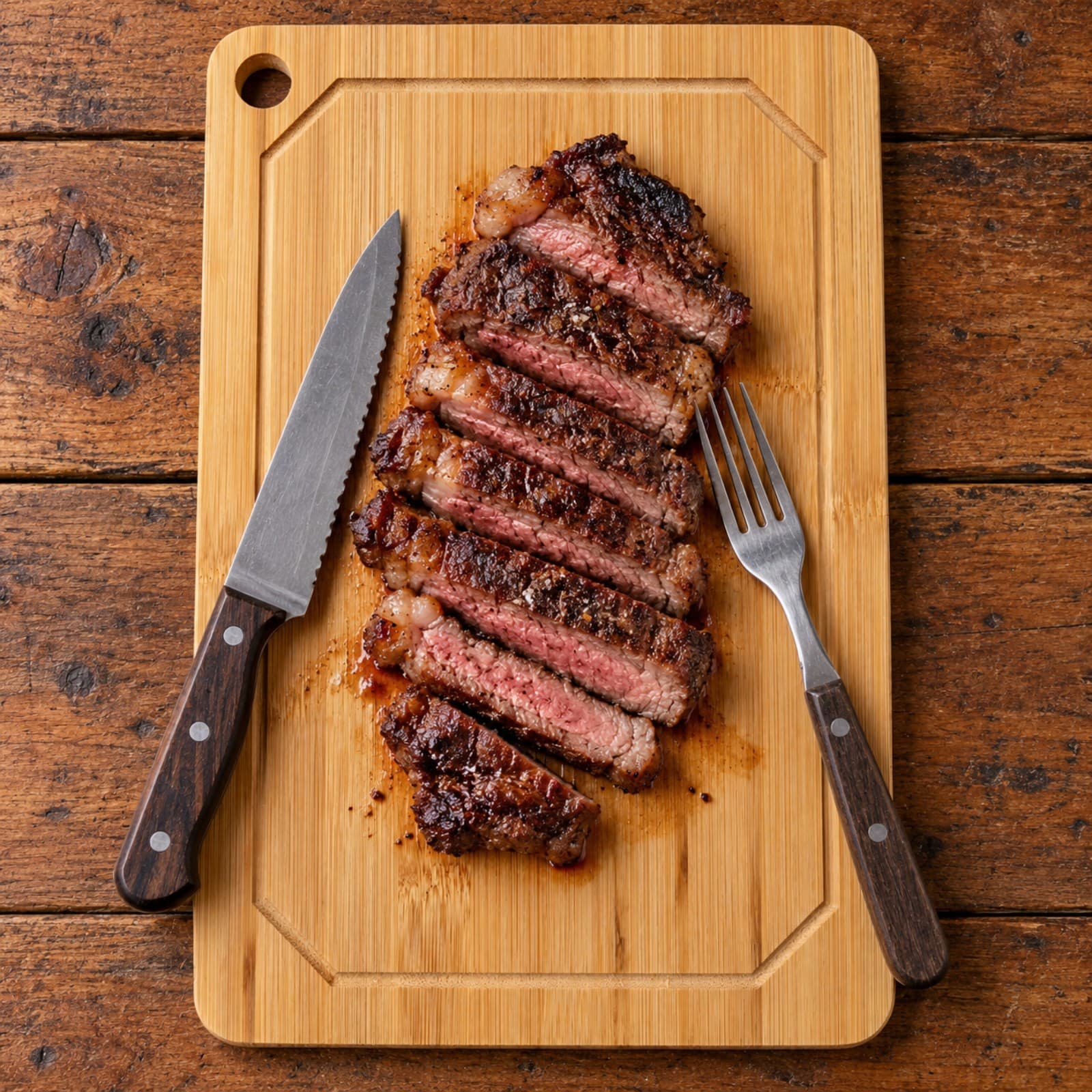 Tabla para picar de bambú con canaleta con carne asada cortada en tiras, cuchillo y tenedor, sobre una mesa de madera (imagen ilustrativa) — miniatura 4