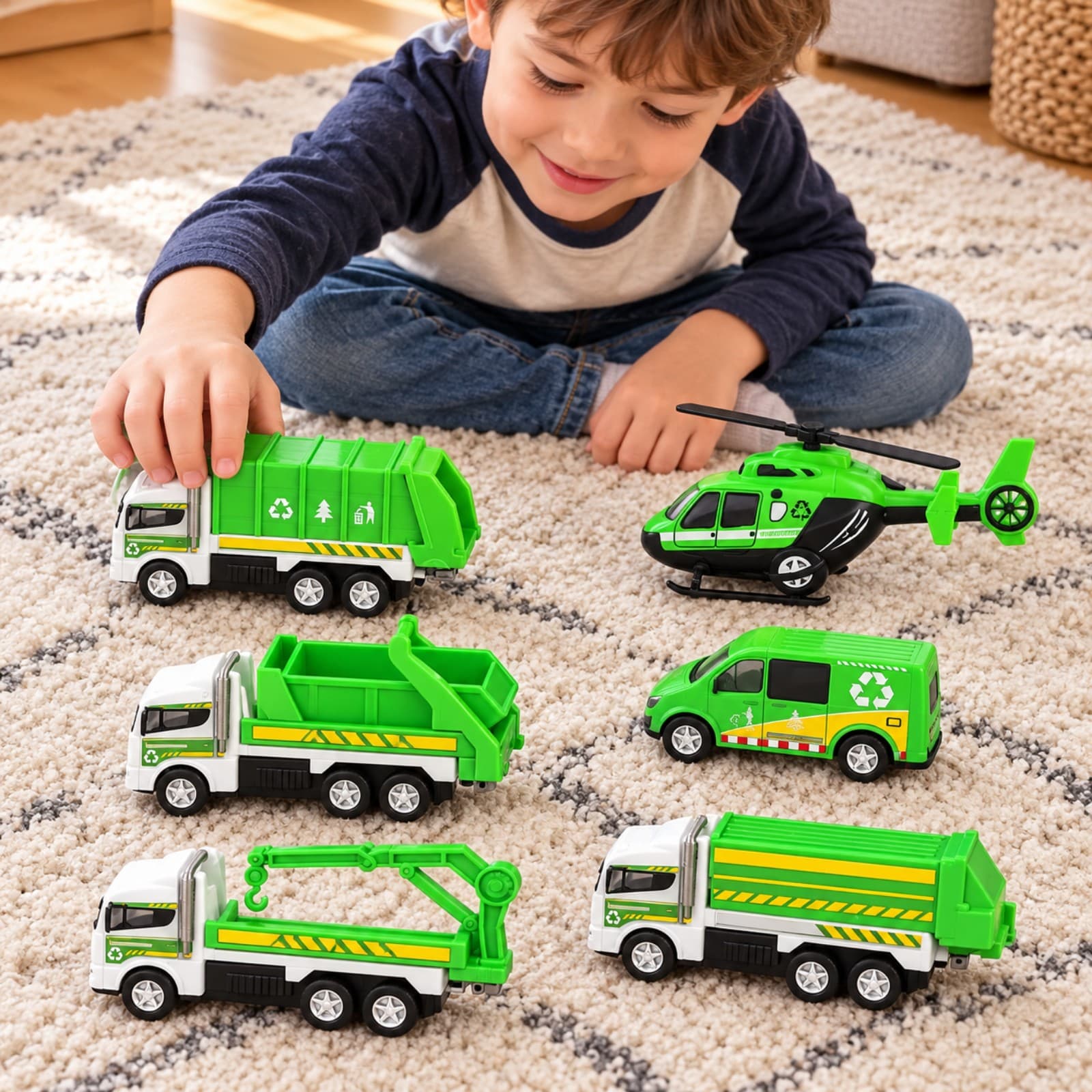 Niño jugando con los seis vehículos del set Zumo City Sanitation sobre una alfombra (imagen ilustrativa) — miniatura 4