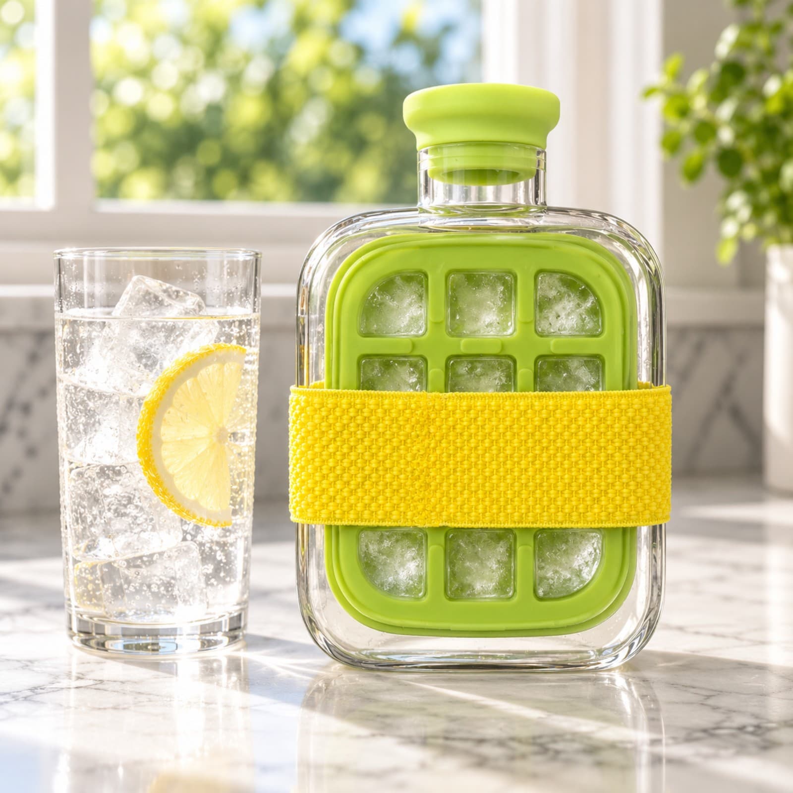 Botella cubetera Ice Cube Box de 500 ml verde sobre una mesada de cocina con el hielo formado, junto a un vaso con hielo y limón (imagen ilustrativa) — miniatura 5