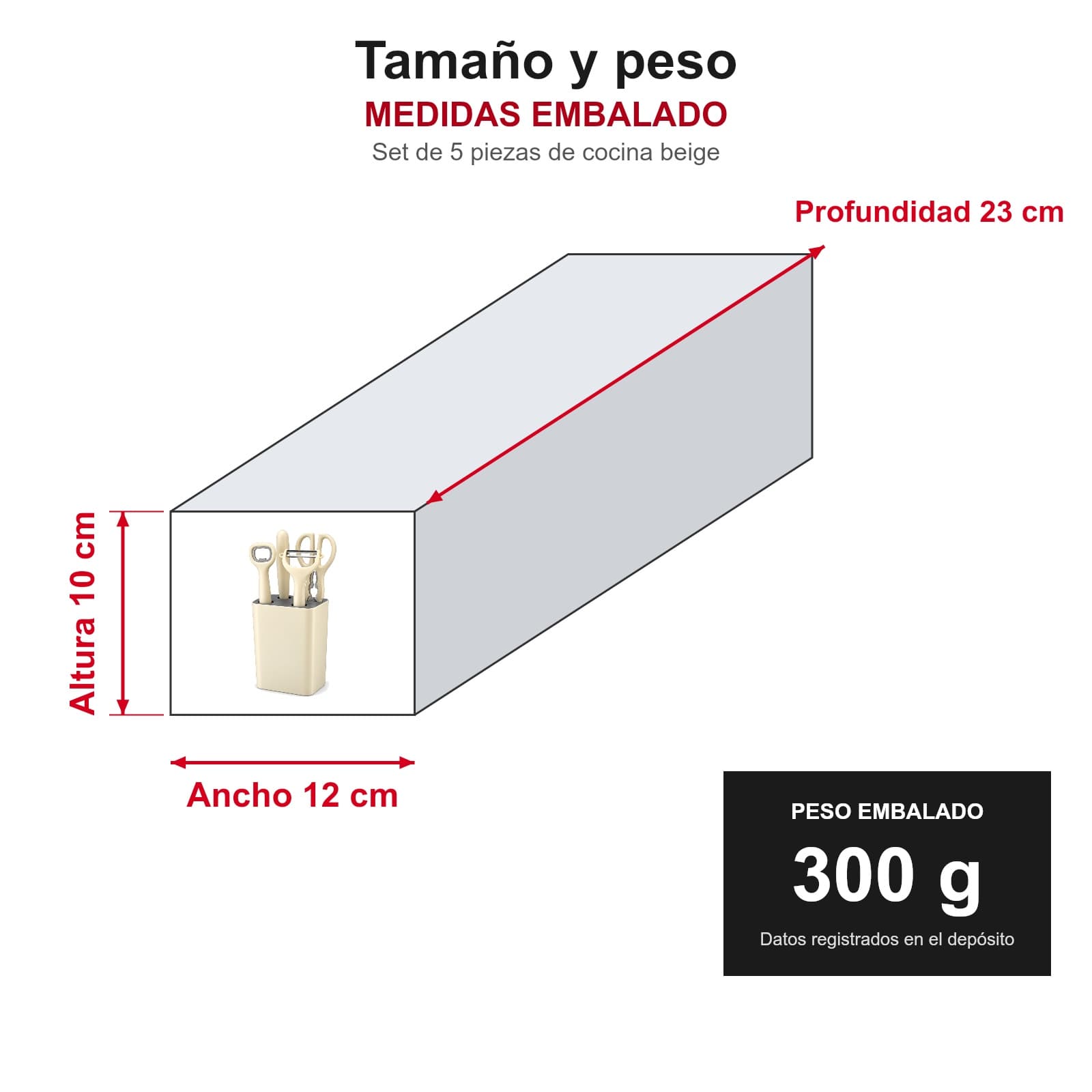 Medidas y peso del set de 5 piezas de cocina embalado: 23 × 12 × 10 cm, 300 g (ancho 12 cm, profundidad 23 cm, altura 10 cm) — miniatura 2