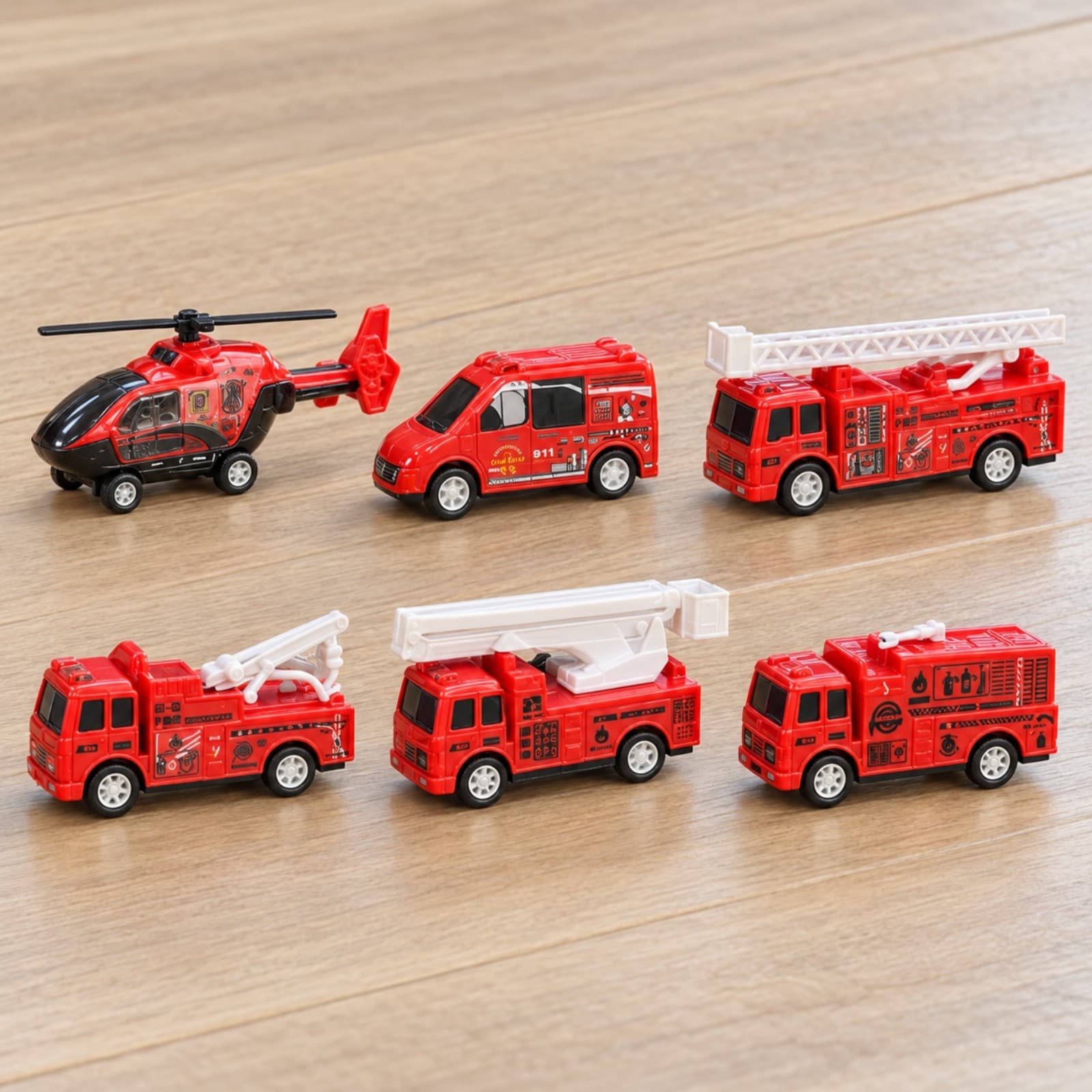 Los seis vehículos del set Zumo Fire Rescue alineados sobre un piso de madera (imagen ilustrativa) — miniatura 5
