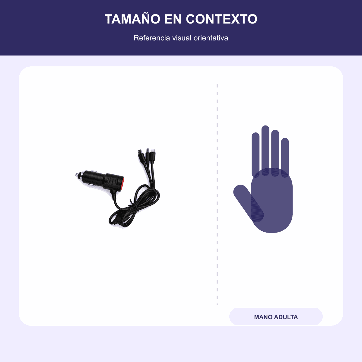 HANDOFF-48|CARGAUR3N1|04|6f58a6299e88|Cargador para Auto 3 en 1 con Lightning, USB-C y Micro-USB - Única - Referencia visual de escala