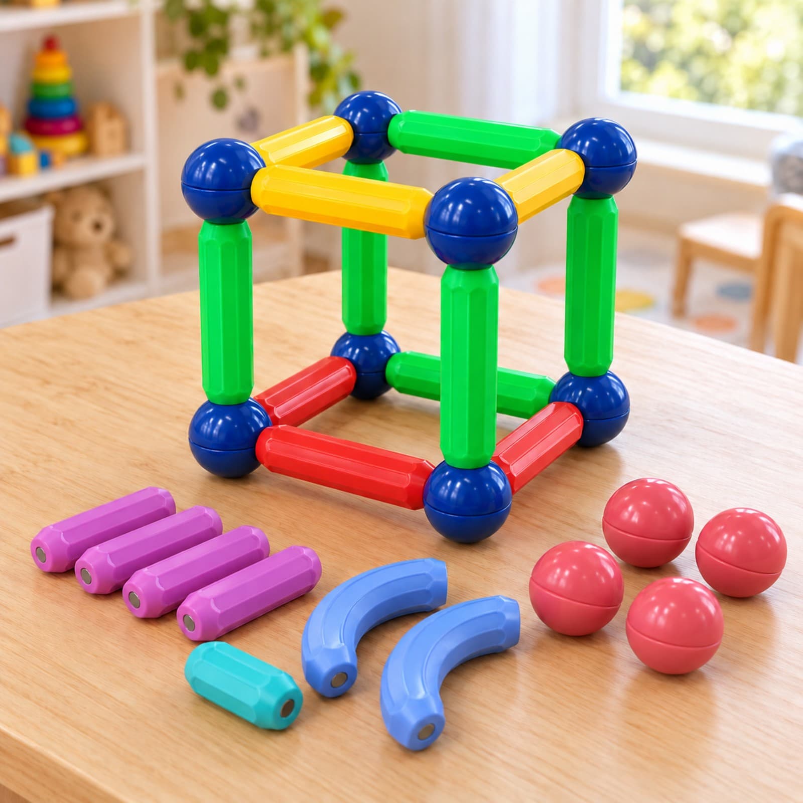 Cubo armado con bloques magnéticos Magnetic Sticks sobre una mesa de juego, con piezas sueltas al lado (imagen ilustrativa), JUEBLOMAGN — miniatura 5