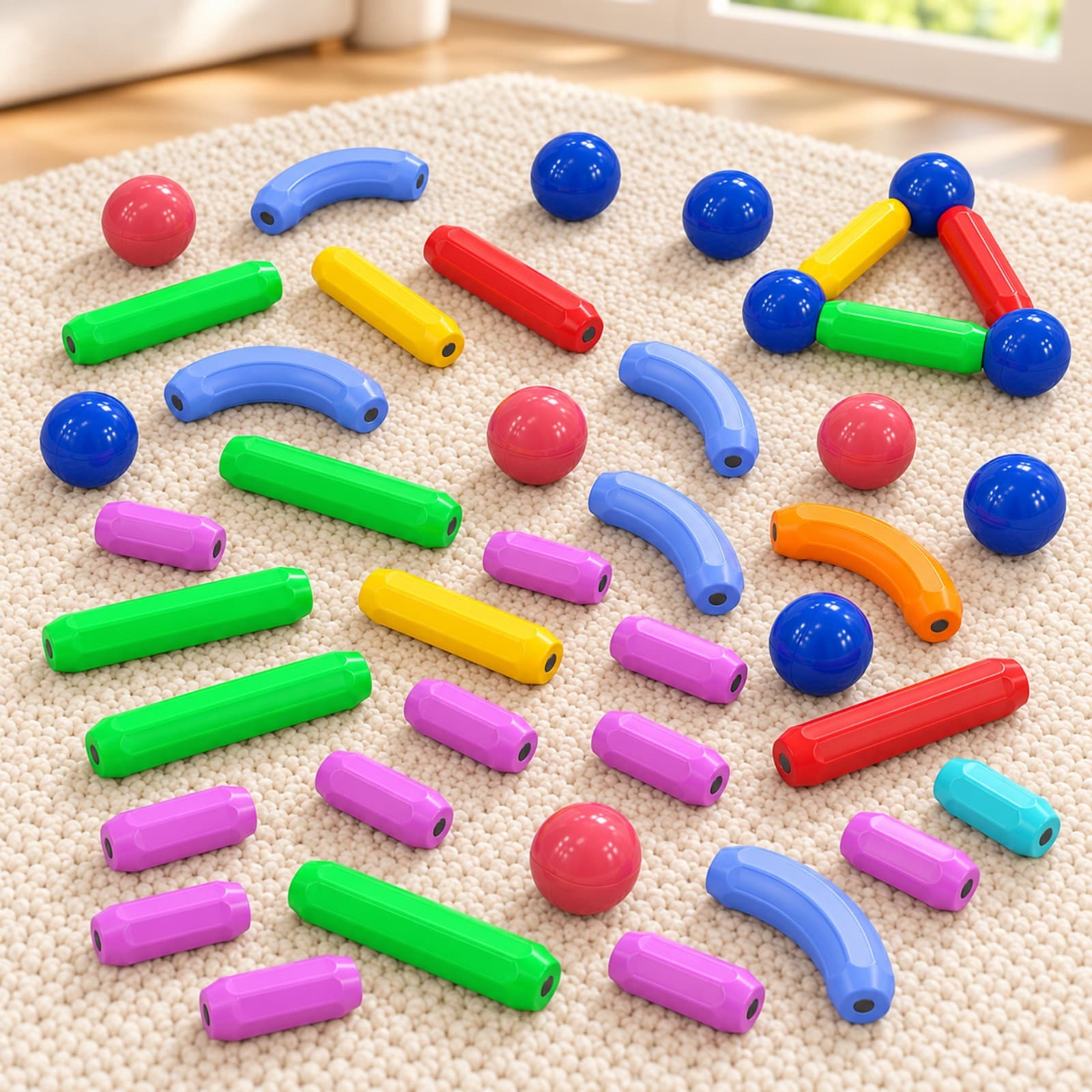 Piezas del juego de bloques magnéticos Magnetic Sticks desplegadas sobre una alfombra de juegos, con un triángulo armado (imagen ilustrativa), JUEBLOMAGN — miniatura 6