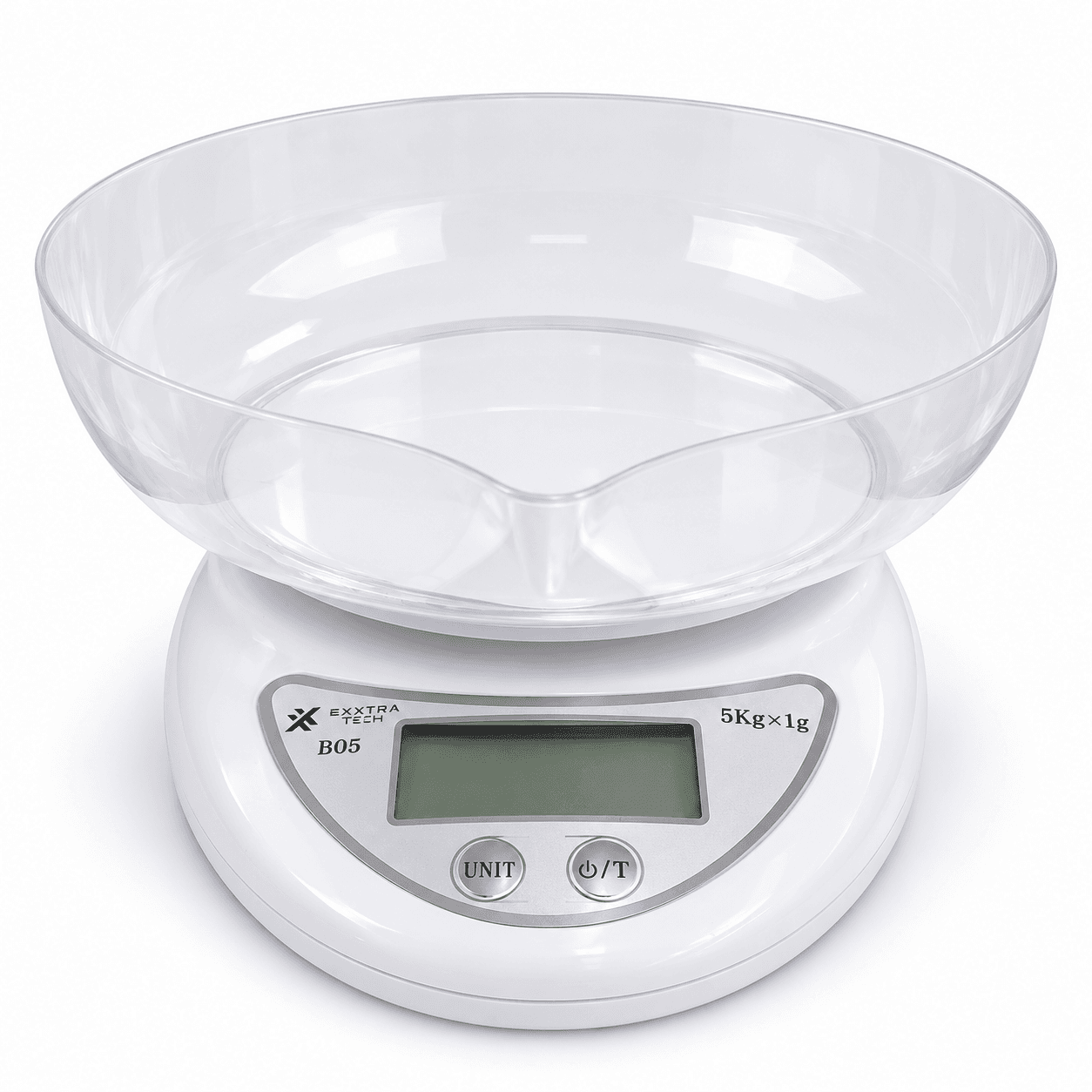Balanza de cocina Exxtra Tech B05 con bol transparente, fondo blanco