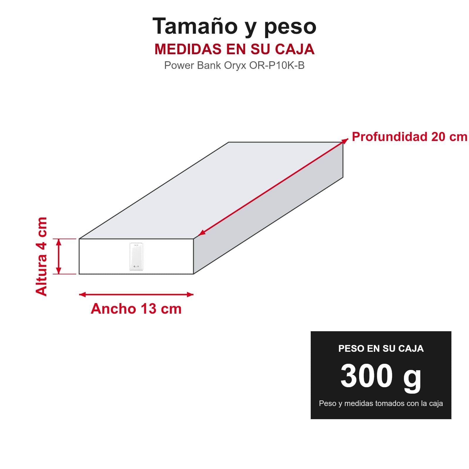 Medidas y peso del power bank Oryx OR-P10K-B en su caja: 20 × 13 × 4 cm, 300 g, CARPORTB, CARPORTN — miniatura 4