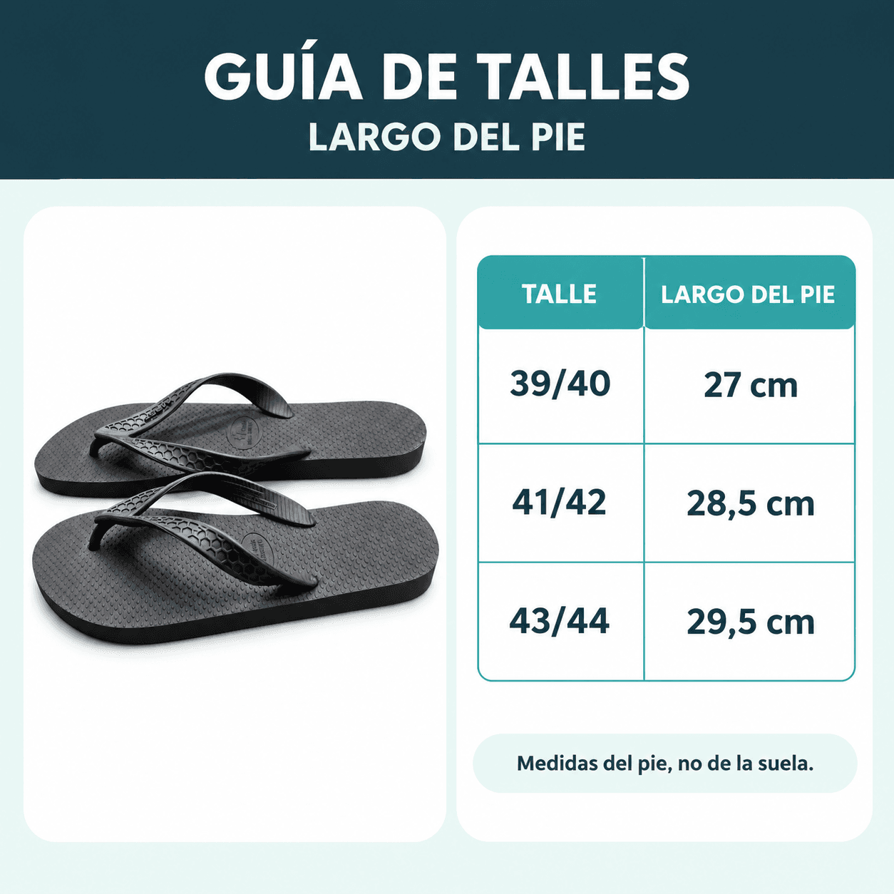 Guía de talles de hombre según largo del pie: 39/40, 27 cm; 41/42, 28,5 cm; 43/44, 29,5 cm.