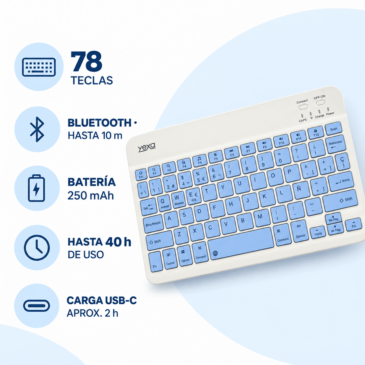 HANDOFF-2026-09-23|TECUFCEL|06|af6603cc9a6e|Teclado Bluetooth Ultrafino YEXA MODY-00DY Celeste de 78 Teclas