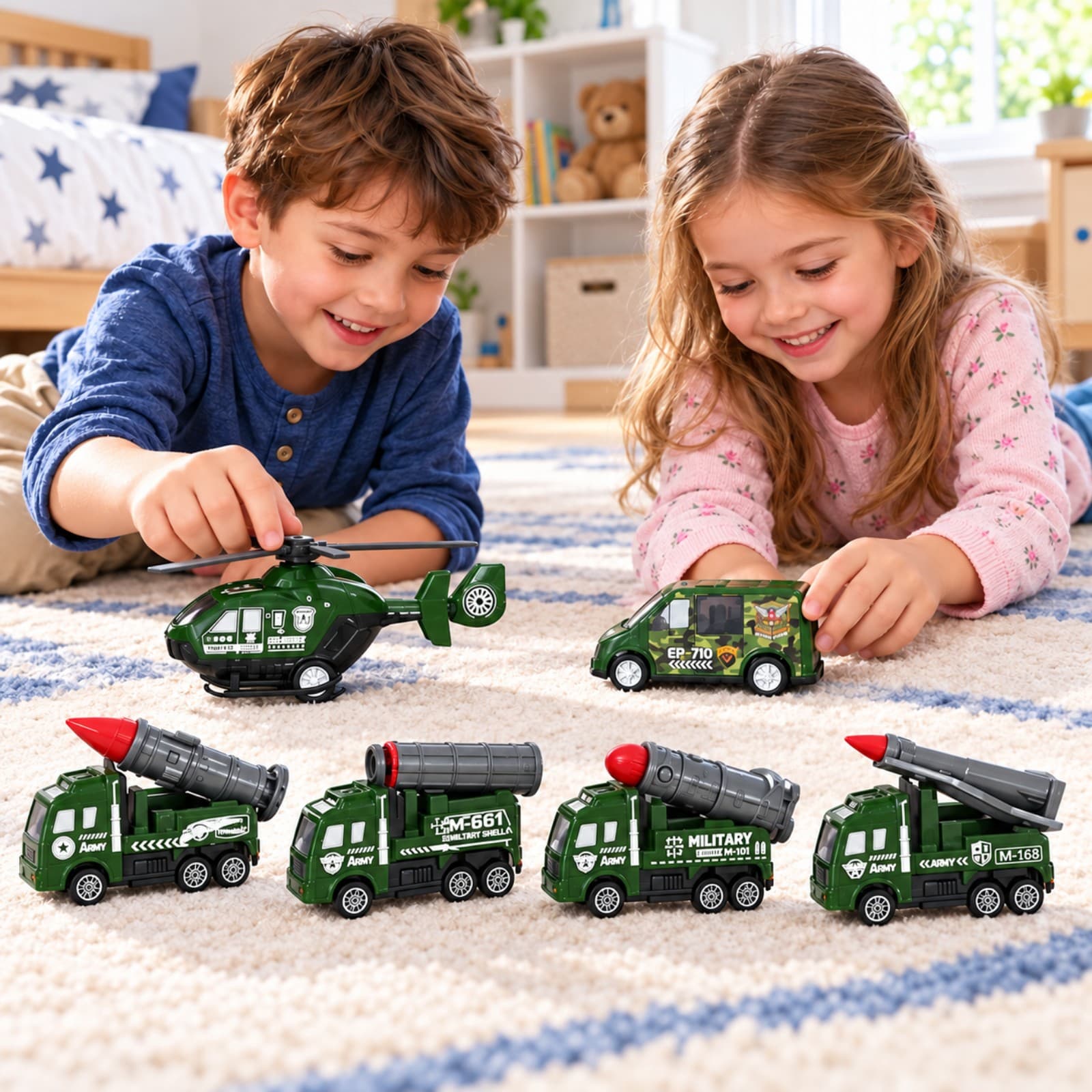 Dos niños jugando juntos con los vehículos del set Zumo Military Troops (imagen ilustrativa) — miniatura 7