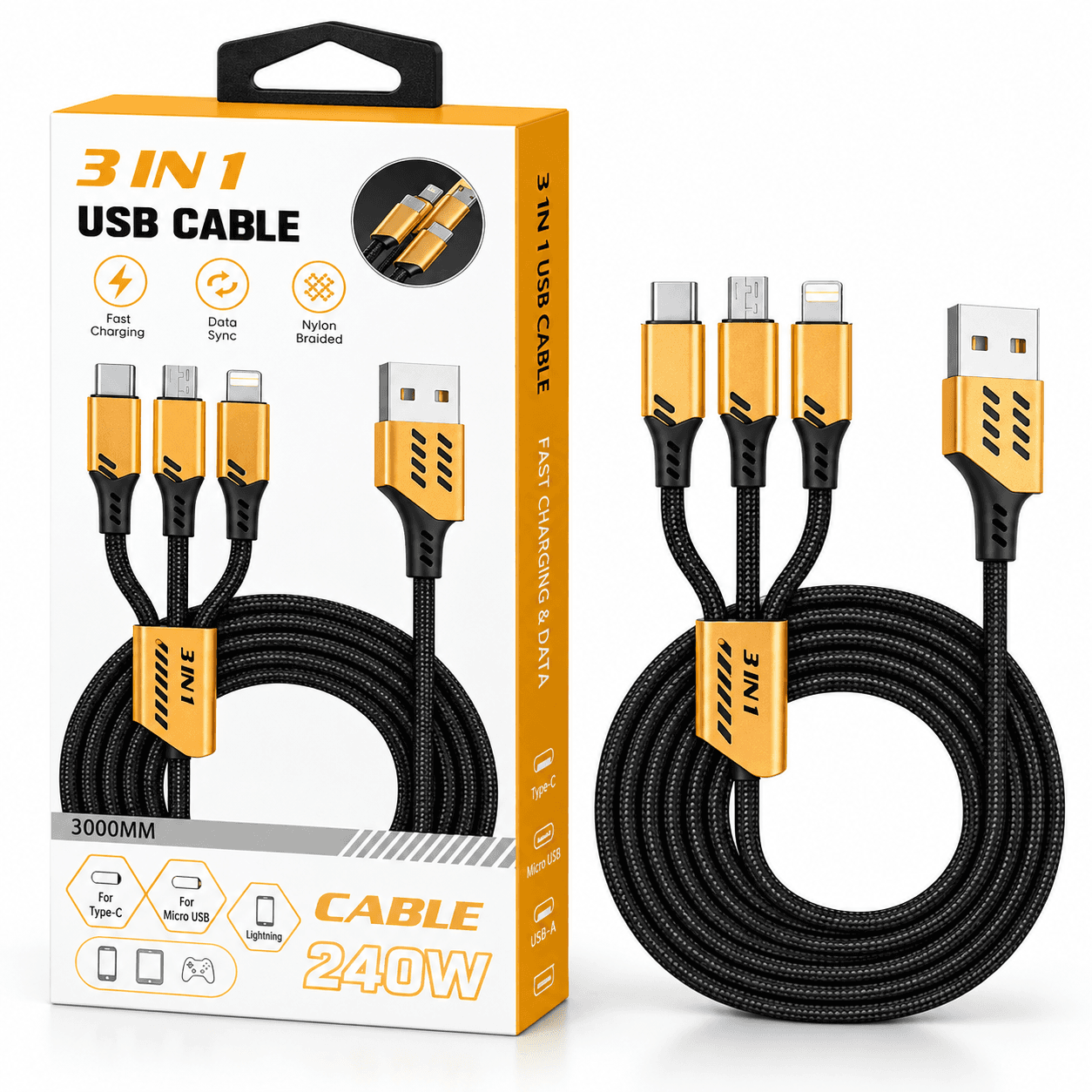 Cable USB 3 en 1 Trenzado para Carga Rápida — miniatura 1