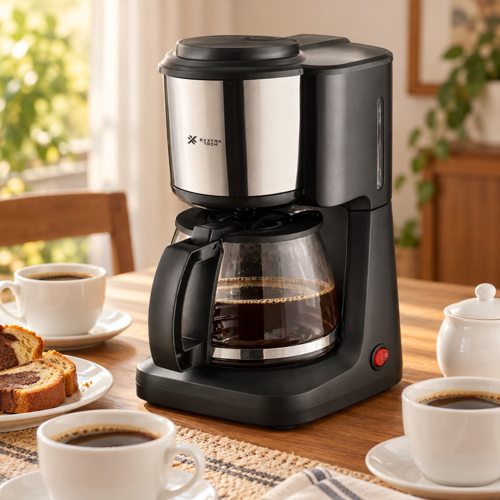 Cafetera de filtro Exxtra Tech CA-800 en la mesa de la merienda, con tazas de café, budín en rodajas y azucarera (imagen ilustrativa) — miniatura 6