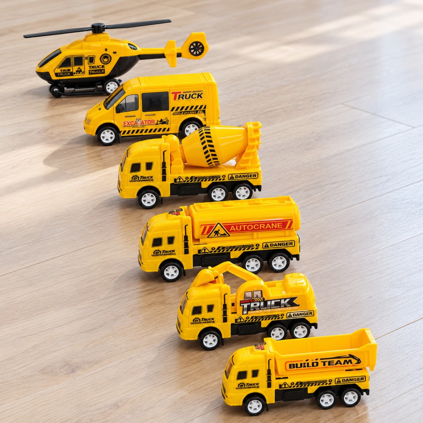 Los seis vehículos del set Zumo Engineering Car alineados sobre un piso de madera (imagen ilustrativa) — miniatura 5