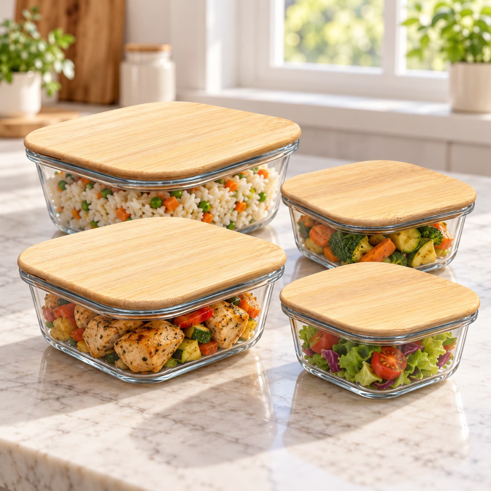 Recipientes de vidrio con tapa de bambú con comida casera de la semana (arroz, pollo, verduras y ensalada) sobre una mesada de cocina (imagen ilustrativa) — miniatura 4