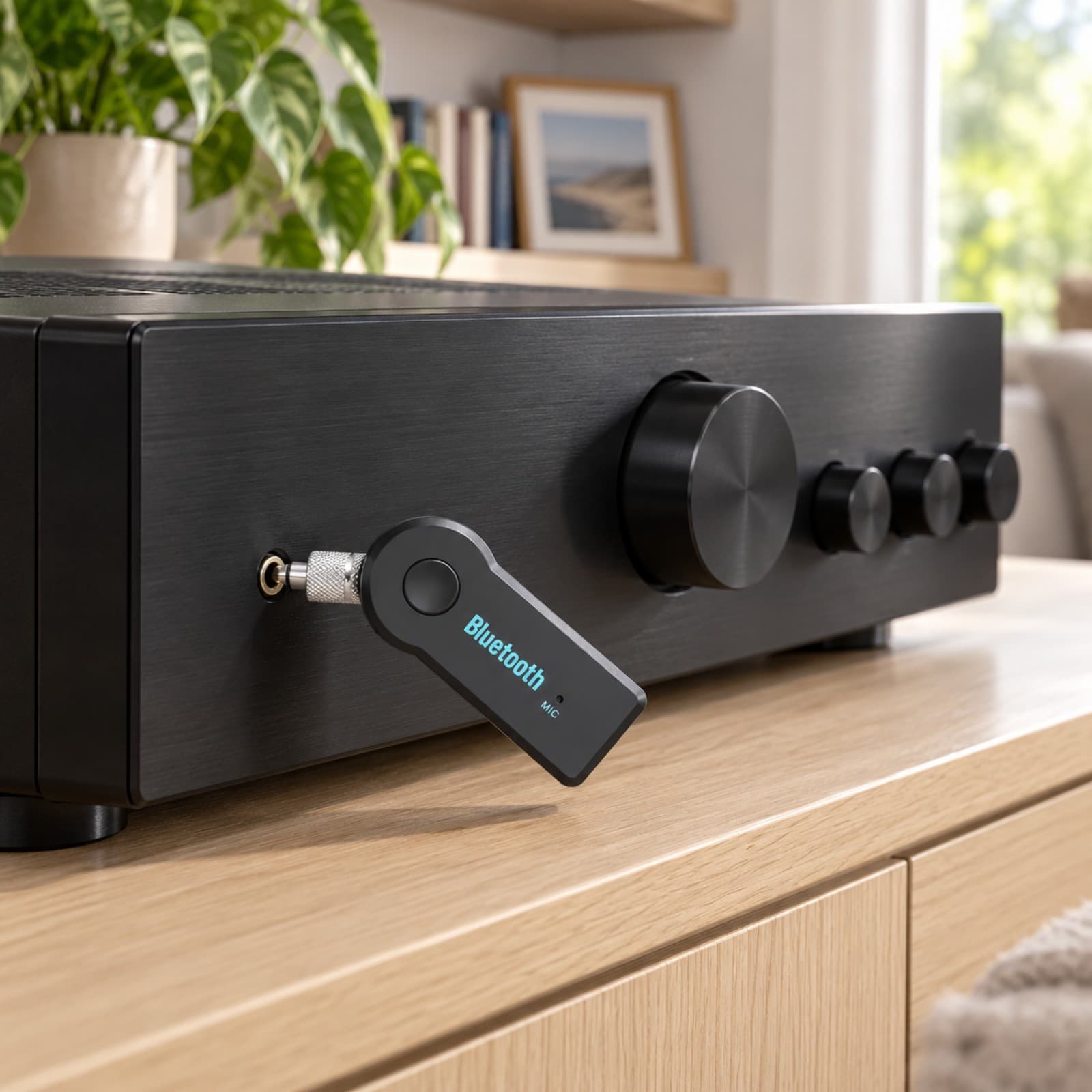 Receptor Bluetooth 3,5 mm AUX enchufado a la entrada auxiliar de un amplificador de audio hogareño (imagen ilustrativa), RECEPBTAUX — miniatura 4