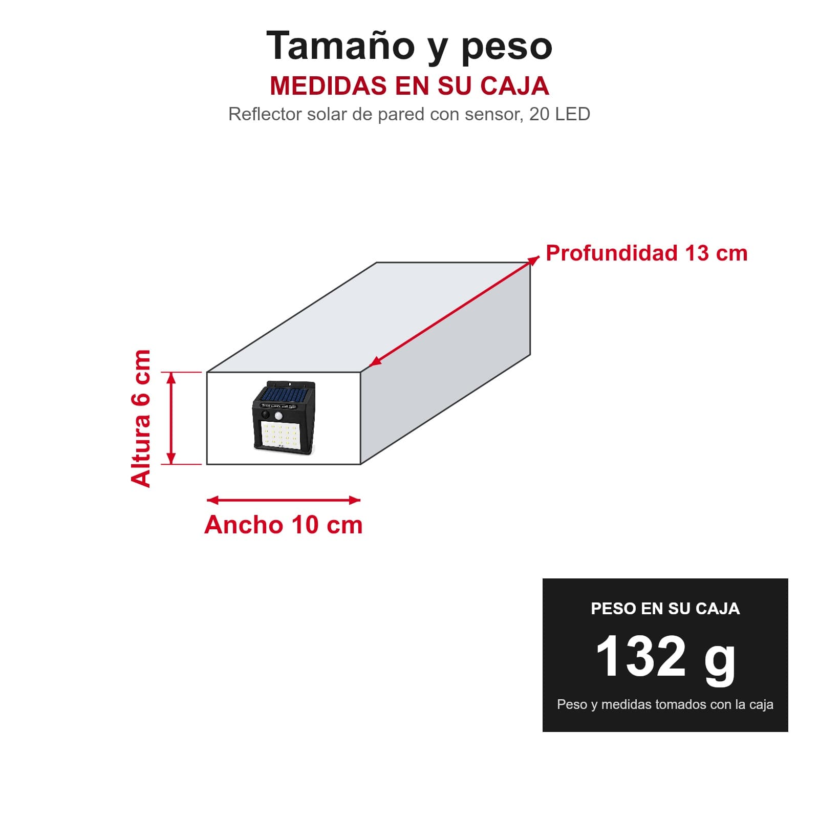 Medidas y peso del reflector solar con 20 luces LED en su caja: 10 cm de ancho, 13 cm de profundidad y 6 cm de altura, 132 g — miniatura 3