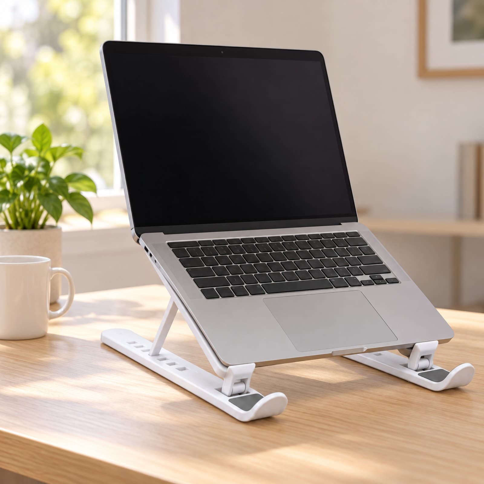Soporte plegable para notebook P1 blanco abierto sobre un escritorio de home office, con una notebook apoyada sobre sus brazos junto a una taza y una planta; la notebook no está incluida (imagen ilustrativa), SOPNOTMETGR — miniatura 5