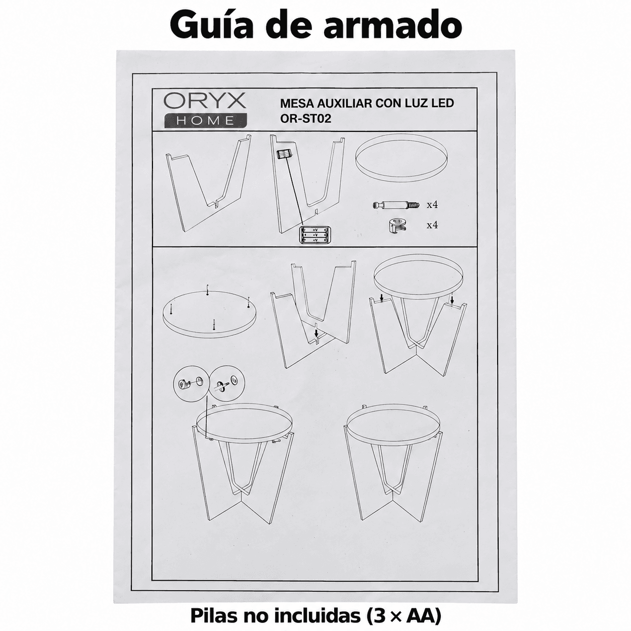 Guía de armado basada en el manual ORYX HOME OR-ST02; pilas no incluidas.