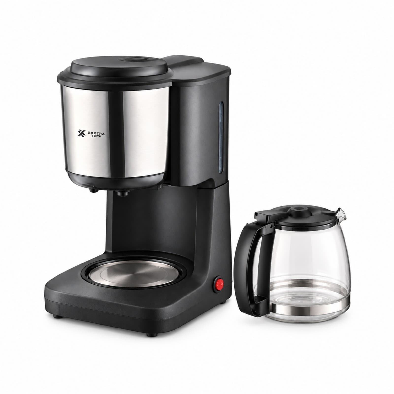 Cafetera Exxtra Tech CA-800 con su jarra de vidrio con tapa y manija negras apoyada al lado (imagen ilustrativa) — miniatura 2