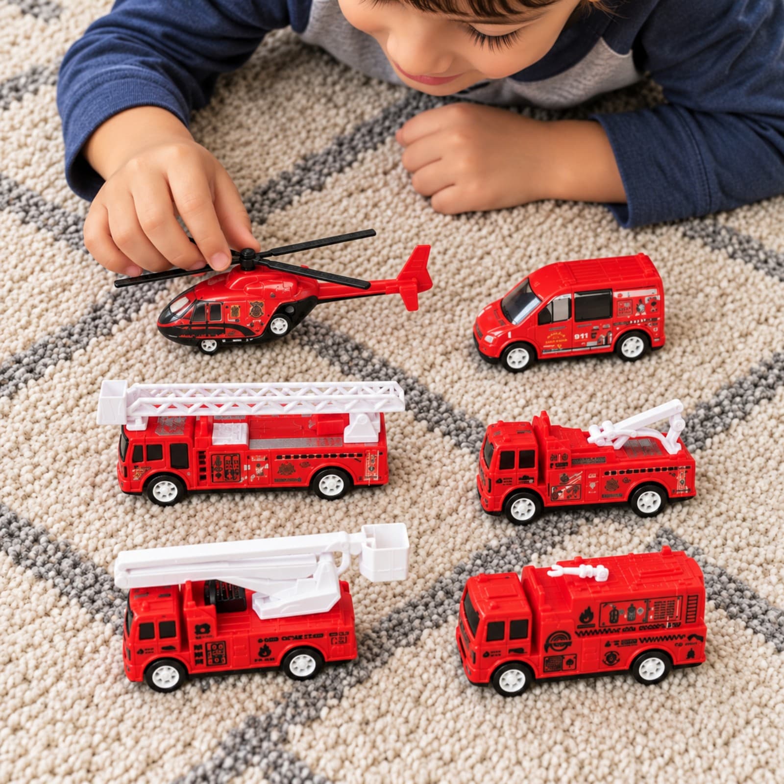 Niño jugando con los seis vehículos del set Zumo Fire Rescue sobre una alfombra (imagen ilustrativa) — miniatura 4