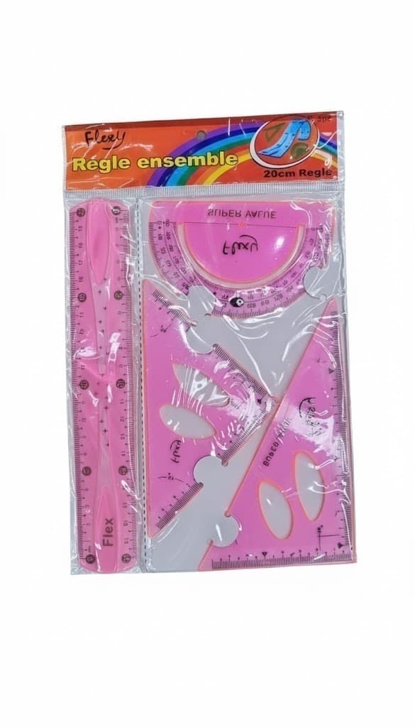 SET GEOMETRICO FLEXIBLE 4 PIEZAS - REGLA, TRANSPORTADOR Y ESCUADRAS